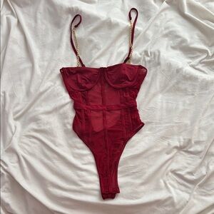 Red Mesh Bodysuit with Gold Chain Straps
